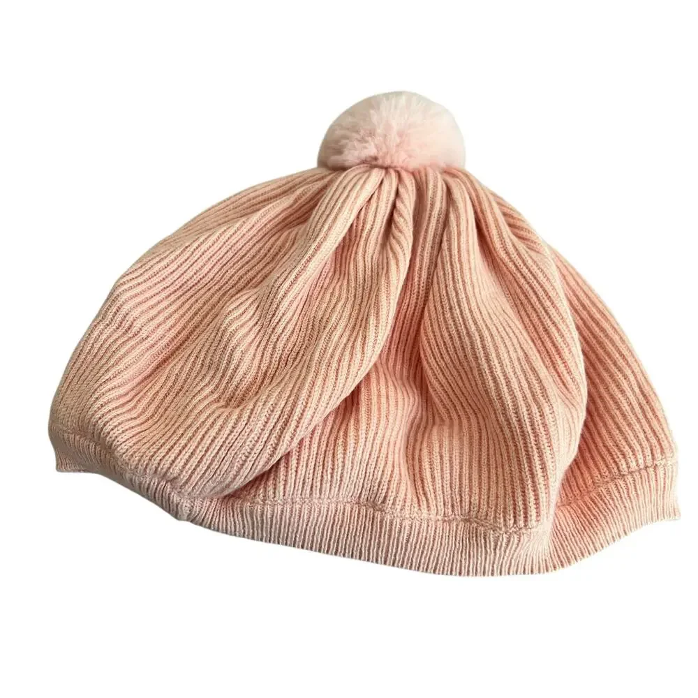 Janie and Jack Pink Ribbed Hat With Faux Fur Pom Pom Girls Size 6-8